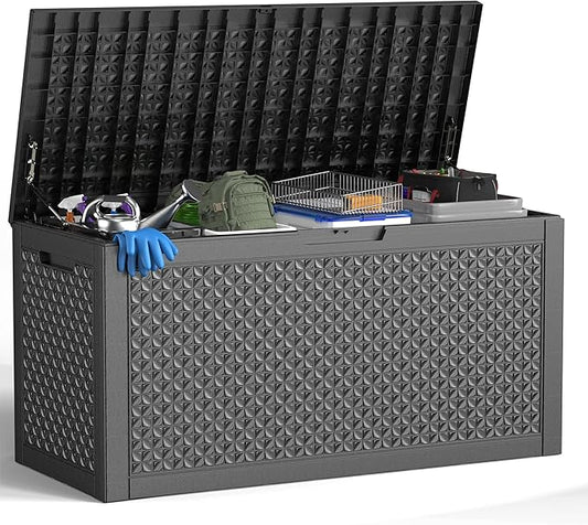 121 Gallon Waterproof Outdoor Storage Box,Resin Deck Box,Lockable Outside Storage Box Container for Patio Furniure,Garden,Pool Tools (121 Gallon,Black)