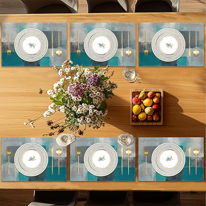 6 Pcs Placemats,Teal Gray Painting Placemat,Art Painting Table Mats Washable Recyclable Table Placemats for Indoor Outdoor Heat Resistant Kitchen Dining 12"x18"