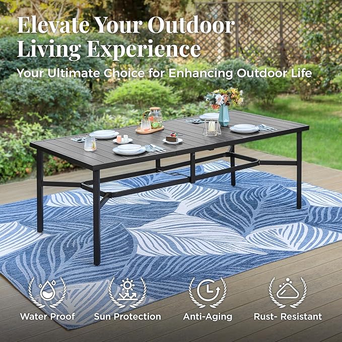 Outdoor Patio Dining Table for 8, 83" x 39" Rectangular Metal Patio Dining Table with 1.7" Umbrella Hole, All Weather Wrought Iron Black Outdoor Table for Garden, Backyard and Porch