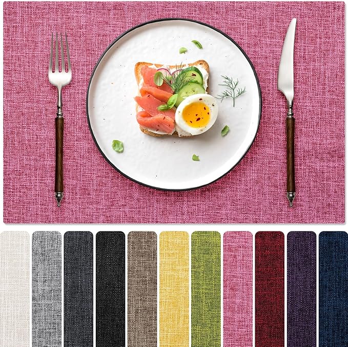 Blue Forest Placemats Set of 4, Dual-Layered Thickened Faux Linen Cloth Place Mats Heat Resistant Machine Washable Wrinkle Free Table Mats Indoor/Outdoor (Hot Pink)