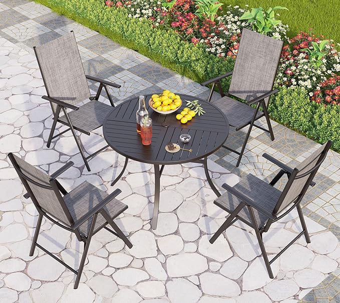 PHI VILLA 5 Piece Outdoor Patio Dining Set, 42 Inch Round Patio Table Set with 4 Adjustable High Back Folding Patio Sling Chairs, Grey