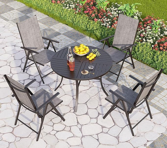 PHI VILLA 5 Piece Outdoor Patio Dining Set, 42 Inch Round Patio Table Set with 4 Adjustable High Back Folding Patio Sling Chairs, Grey