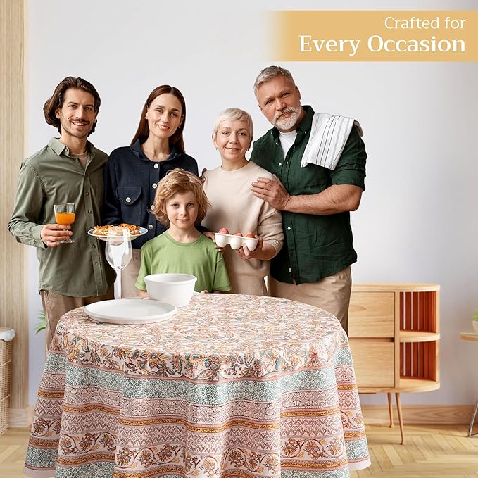 Maison d' Hermine Table Cloth Round Table 100% Cotton 63 Inches Fall Tablecloth Reusable Everyday Use for Thanksgiving Christmas Decorations Dining Farmhouse Party (Nila)