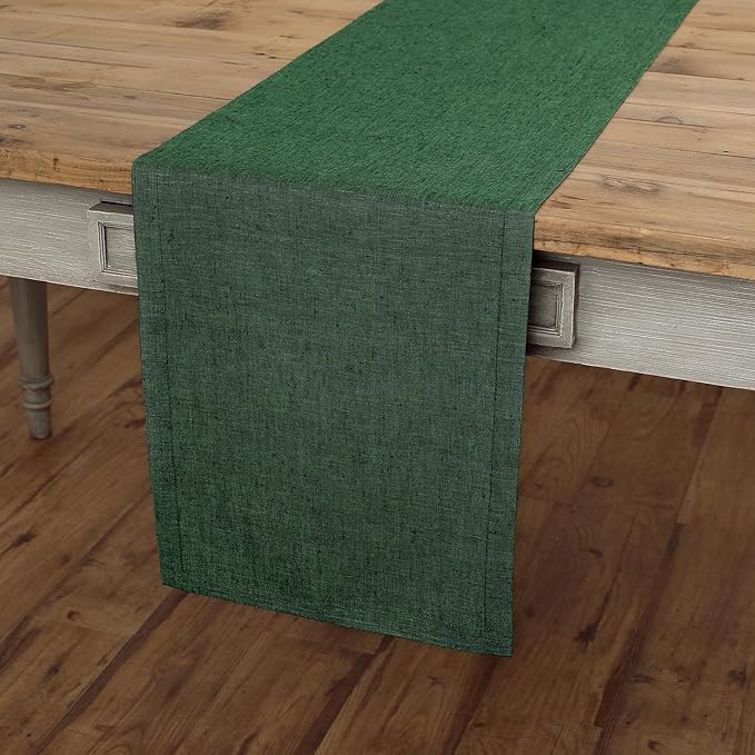 Solino Home Linen Table Runner 132 Inches Long - Athena, 100% Pure Linen Forest Green 14 x 132 Inch Table Runner for Dining, Winter, Easter, St Patricks Day