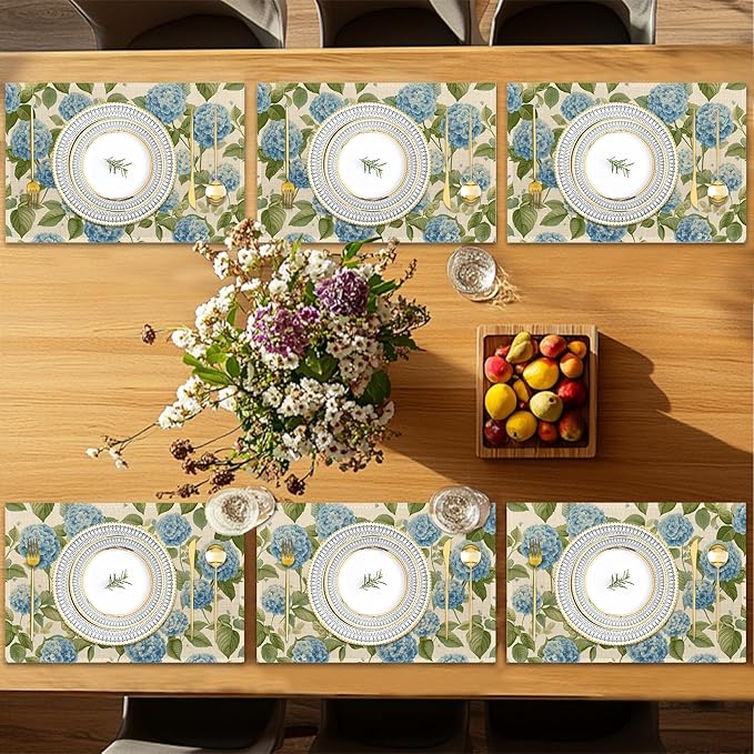 Placemats12x18 Inch,Blue Hydrangea Placemats,Vintage Floral Kitchen Dining Coffee Table Mats Set of 6 for Home Indoor Outdoor Party