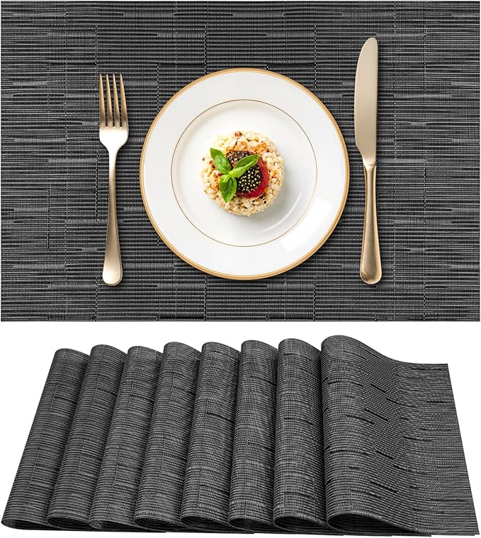 Table Mats Set of 8,Vinyl Table Place Mats Stain Resistant Foldable Placemats Washable Wipeable Placemat for Kitchen Dining Table Decoration Indoor Outdoor (Dark Grey)