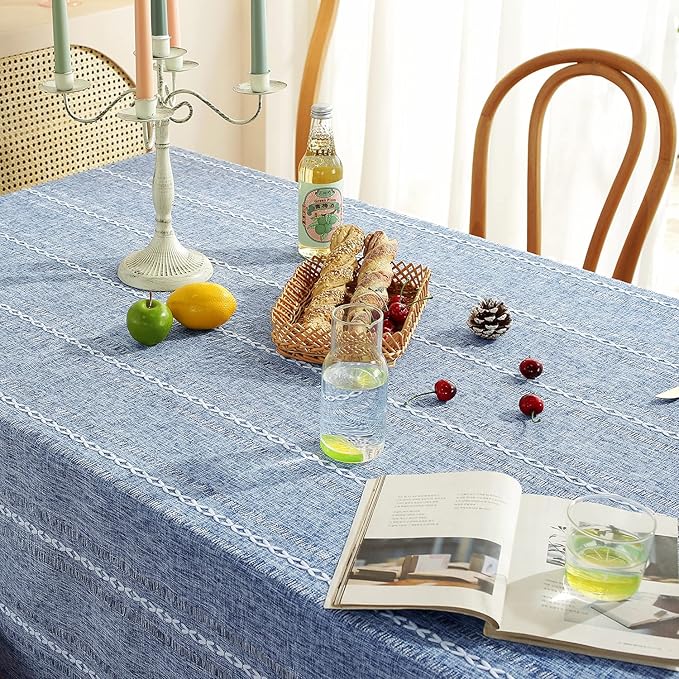Chassic 60 x 104 inches Farmhouse Style Linen tablecloths, Wrinkle Resistant Washable Dining Room Table Cloths for 6 Foot Rectangle Tables - Hemstitch Blue