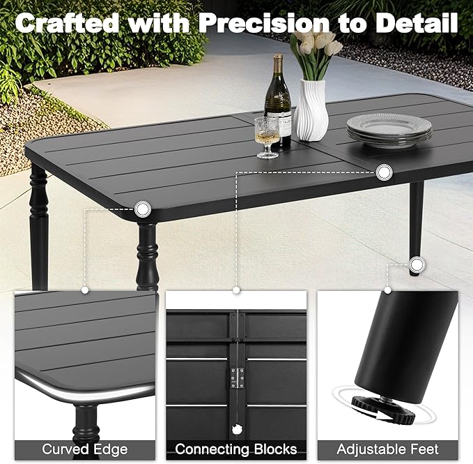 NUU GARDEN Weather-Resistant Outdoor 61” x 37” Rectangle Metal Dining Table with Umbrella Hole, Powder-Coated Frame, Slatted Tabletop, for Patio, Garden, Backyard and Balcony, Black