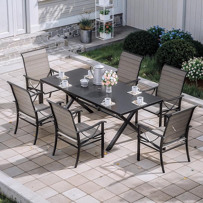 Kurapika 7-Piece Patio Dining Set, Patio Furniture Set for 6, Outdoor Large Metal Table with Umbrella Hole and Textilene Chairs, for Garden, Deck, Porch, Pool All Weather, Brown