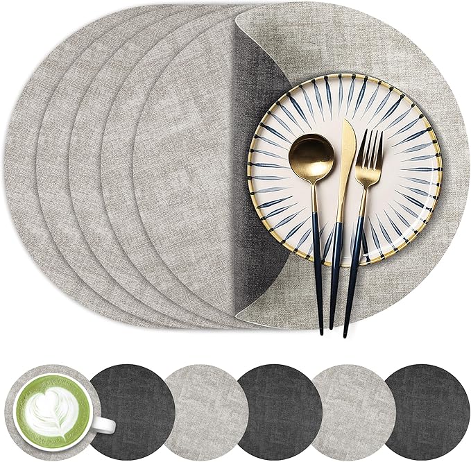 13-Inch Faux Leather Round Placemats Set of 6, Waterproof Anti-Slip Dual Sided Place mats, Heat Resistant Washable Table Mats with Coaster, Suitable for Indoor & Outdoor (6, Black Light Gray)