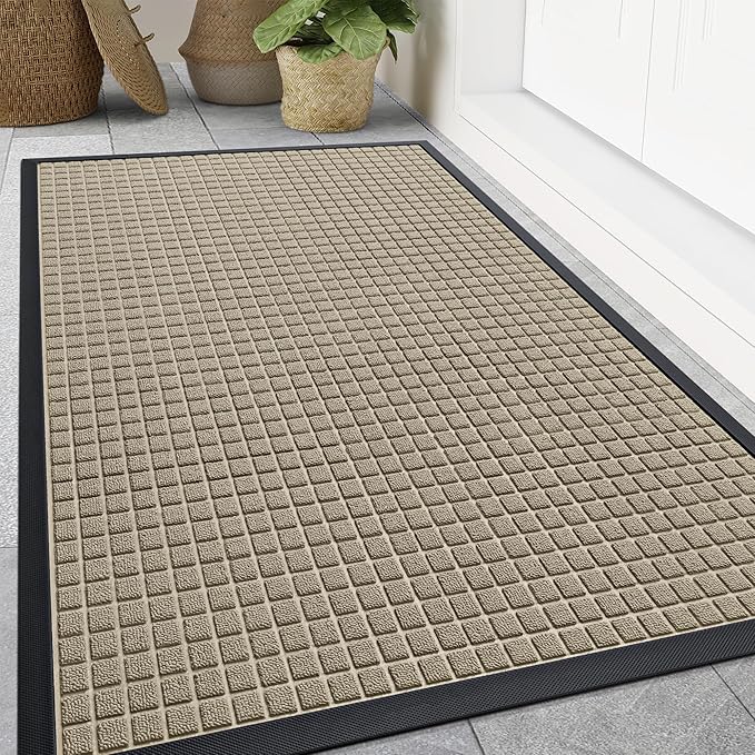Smiry Front Door Mat Outside Entrance, Heavy Duty Natural Rubber Doormat, Non Slip, Trap Dirt and Moisture, Easy Clean, Low Profile Welcome Floor Mats for Indoor Outdoor Entry, 70x46.5 Inch, Beige