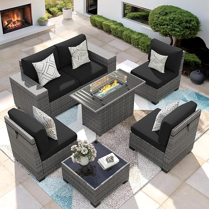 7 Piece Patio Furniture Set with Fire Pit Table, Outdoor Sectional Conversation Sets Wicker Rattan Sectional Sofa with Coffee Table for Patio Garden Backyard, 4'' Thickened Cushion Black