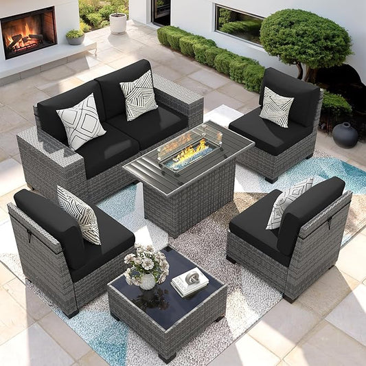 7 Piece Patio Furniture Set with Fire Pit Table, Outdoor Sectional Conversation Sets Wicker Rattan Sectional Sofa with Coffee Table for Patio Garden Backyard, 4'' Thickened Cushion Black