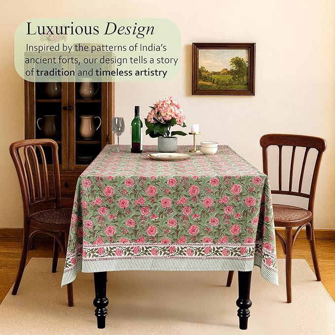 CPC Tablecloth 100% Cotton 60x60 Inch Indian Block Print Square Table Cover, Table Cloth for Weddings, Spring/Summer, Barbeque - Pink Tourmaline
