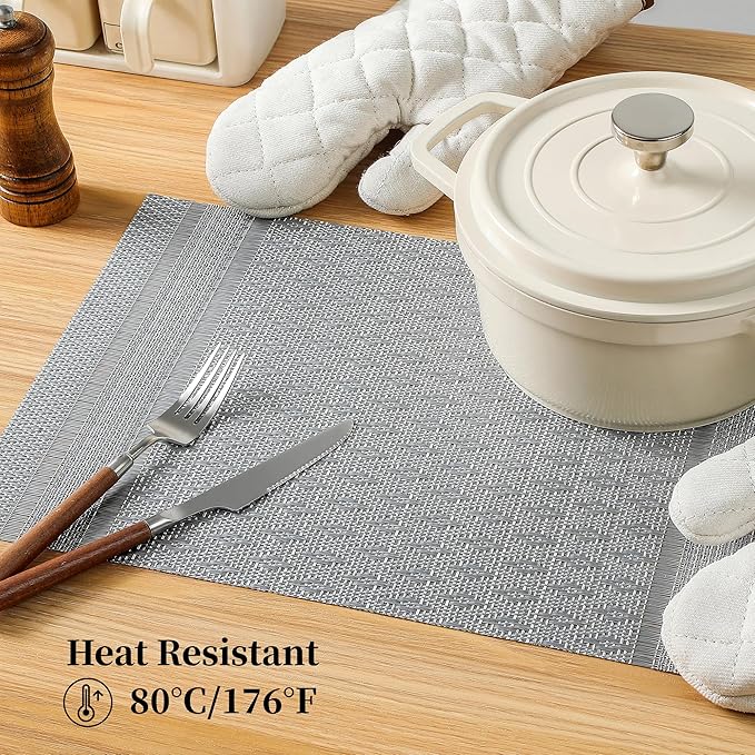 Leetaltree Lunar Grey Placemats Set of 12 - Heat Resistant Non-Slip Place mats for Dining Table, Washable Durable PVC Vinyl Woven Table Mats（Lunar Grey, 12）
