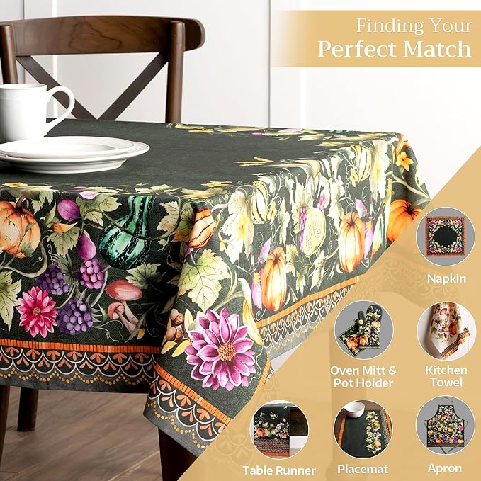 Maison d' Hermine Table Cloth Rectangle Table 100% Cotton 70 x 90 Inches Fall Tablecloth Reusable Everyday Use for Thanksgiving Christmas Decorations Dining Farmhouse (Pumpkin Garden - Dark Green)
