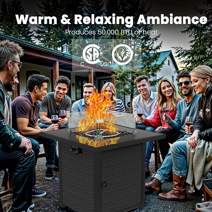 Propane Outdoor Fire Pit Table, 28" Rattan Square Fire Pit Table, Outdoor Gas FirePit W/Glass Wind Guard, Tempered Glass Tabletop, Lid, CSA Listed, 50,000 BTU, Outside Patio Deck & Garden, Black