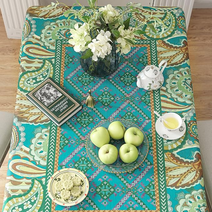 Designer Green Table Cloth Rectangle Table,Vintage Linen Wrinkle Resistant Durable Froal Tablecloth,Decor Table Cover for Home Farmhouse Thanksgiving Living Room Dining 55" × 79"-Milen