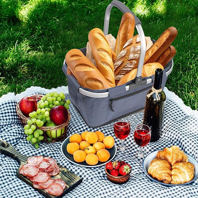 Picnic Basket, SIYUAN Shopping Basket with Handle 22L Collapsible Grocery Basket Portable Folding Basket for Marketing Reuasble, Blue