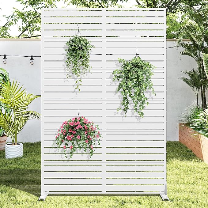 Casaphoria Metal Privacy Screen Outdoor, 72" H x 47" W Freestanding Decorative Privacy Screen for Patio Deck Balcony Garden with Stable Base, White-Louvered