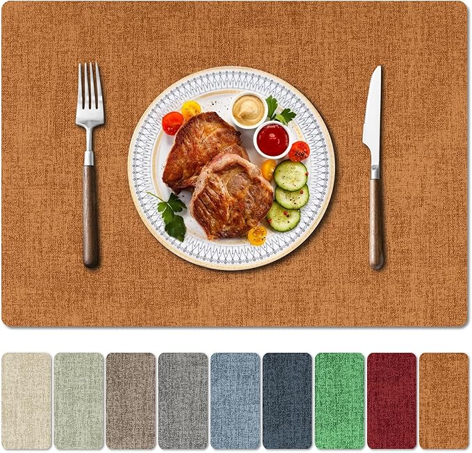 Faux Leather Heat Resistant Fall Placemats Set of 4 – Waterproof Oilproof Wipeable Dining PU Vinyl Place Mat Easy Clean Table Mats for Kitchen/Dining/Party/Holiday, Orange