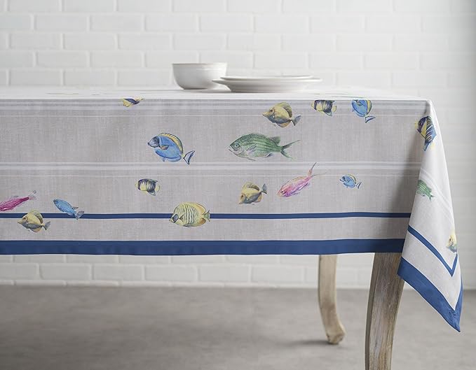 Maison d' Hermine Table Cloth Rectangle Table 100% Cotton 60 x 90 Inches Tablecloth Reusable Decorative Everyday Use for Dining Room, Farmhouse, Home, Party, Festive & Wedding Spring Summer - Poisson
