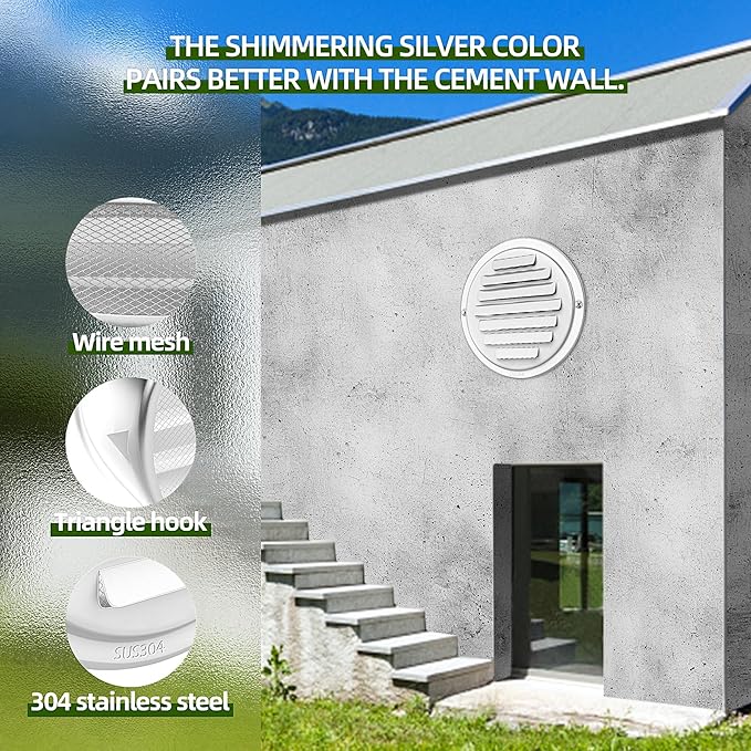 4'' Shiny Silver Paint Stainless Steel Air Vents, Louvered Grille Cover Vent Hood Flat Ducting Ventilation Air Vent Wall Air Outlet with Fly Screen Mesh for House (4 inch Shiny Silver Paint Cover)