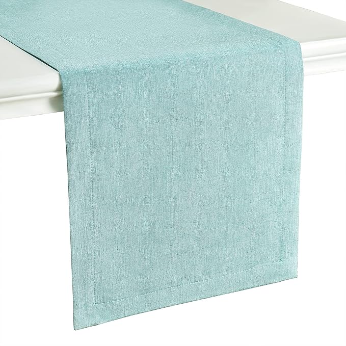 Mebakuk Linen Farmhouse Table Runner Large Burlap Style Soft and Waterproof Decorative Fabric Runner for Outdoor Wedding and Dinner (14 x 108 Inch,Turquoise Blue )