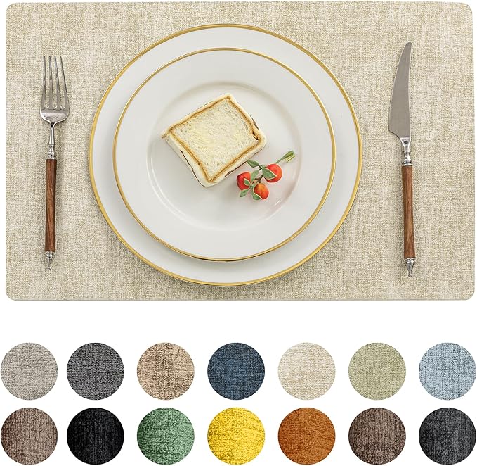 Romanstile Vinyl Placemats Set of 12-12 X 17 Inch - Heat Resistant Place Mats 100% Waterproof Oilproof Wipeable Reversible Faux Leather Table Mats for Kitchen, Dining, Party, Outdoor, Beige
