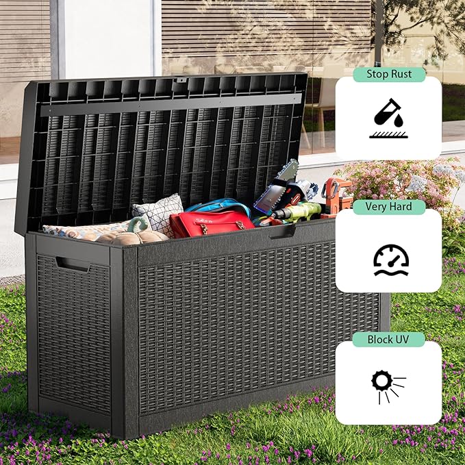 60 Gallon Waterproof Resin Deck Box, UV Resistant Outdoor Storage for Garden, Patio, Porch, Delivery, Black