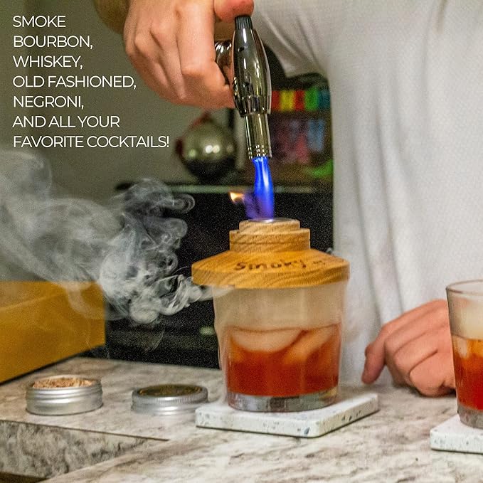 Cocktail Smoker Kit with Bar Stand Smoky Pro with Torch and Selected Wood Chips. All You Need in 1 Set to Smoke Your Whiskey, Bourbon, Scotch, Old Fashioned. A Great Home bar ChristmasGift