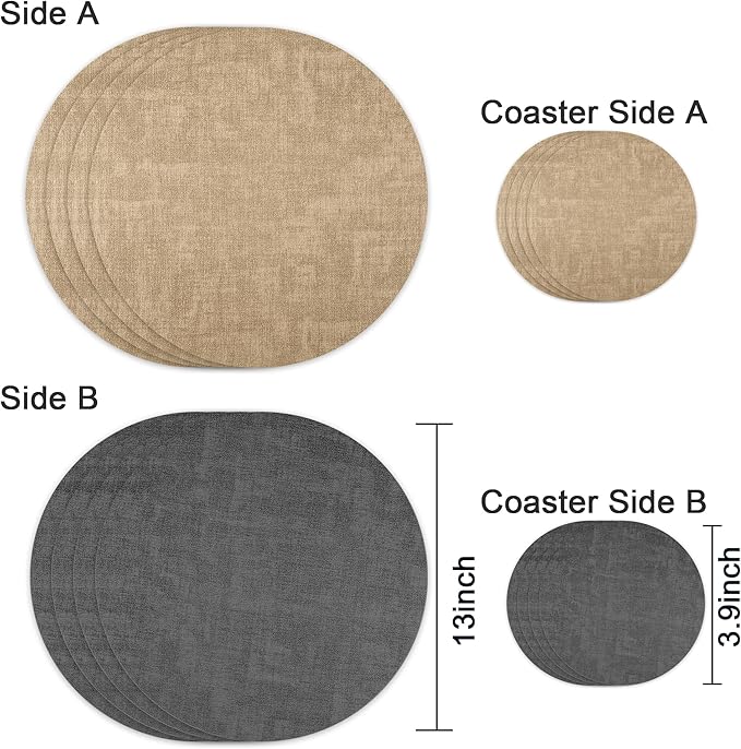 13-Inch Faux Leather Round Placemats Set of 4, Waterproof Anti-Slip Dual Sided Place mats, Heat Resistant Washable Table Mats with Coaster, Suitable for Indoor & Outdoor (4, Black Light Coffee)