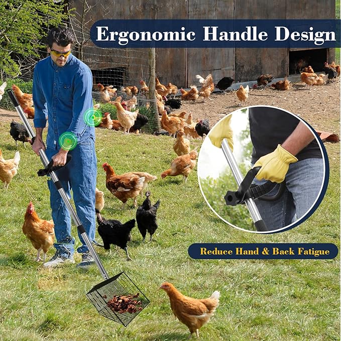 15-inch Large Chicken Poop Scooper with Adjustable Ergonomic Labor-Saving Handle(24in to 57in), Multifunctional Metal Litter Sifting Scoop Shovel for Cleaning Chicken Coop, Goat Stall, Stable