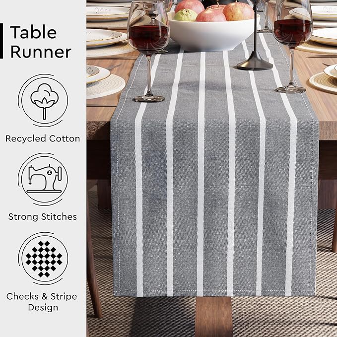 Encasa XO Cotton Dining Table Runner | Roma Grey Stripes | Size 13x72 in - Machine Washable & Durable