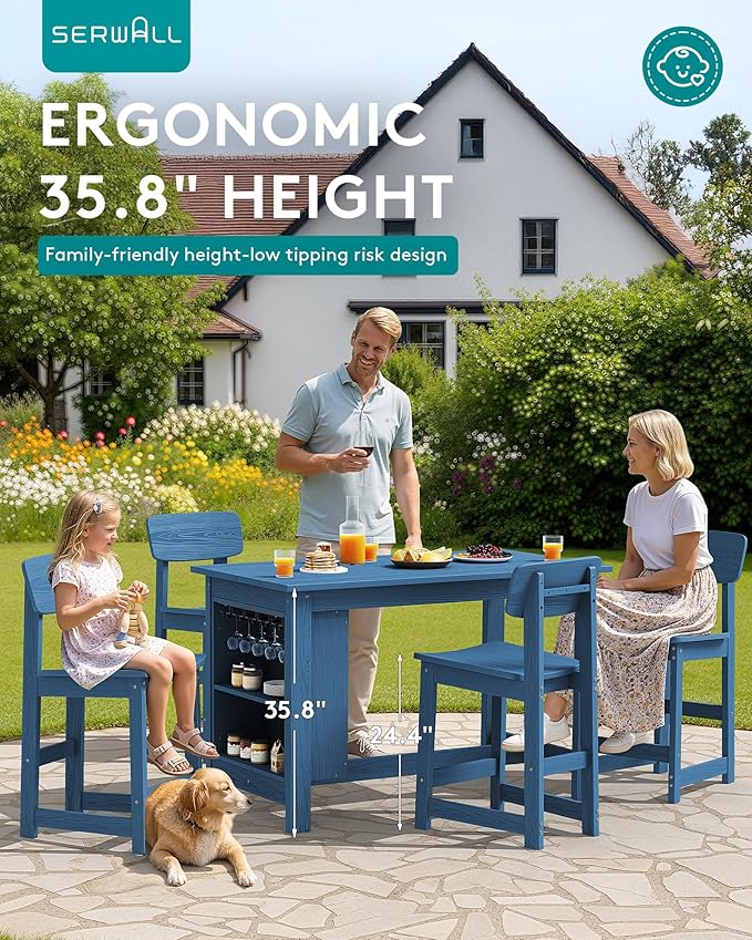 SERWALL 10-Piece HDPE Counter Height Dining Table Sets with Storage and Wine Rack, 2 Rectangular Bar Table with Bar Stools Set of 8 for Garden, Backyard, Kitchen, Blue