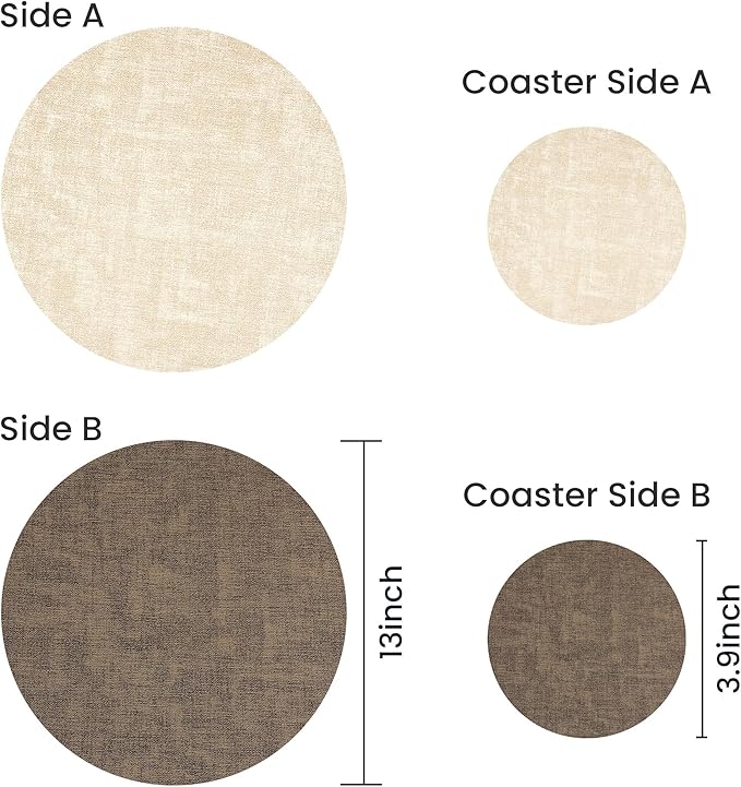 13-Inch Faux Leather Round Placemats Set of 12, Waterproof Anti-Slip Dual Sided Place mats, Heat Resistant Washable Table Mats with Coaster, Suitable for Indoor & Outdoor (12, Beige Dark Coffee)