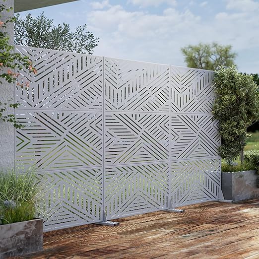 Casaphoria Metal Privacy Screen Outdoor, 72" H x 47" W Freestanding Decorative Privacy Screen for Patio Deck Balcony Garden with Stable Base, White-Ivan
