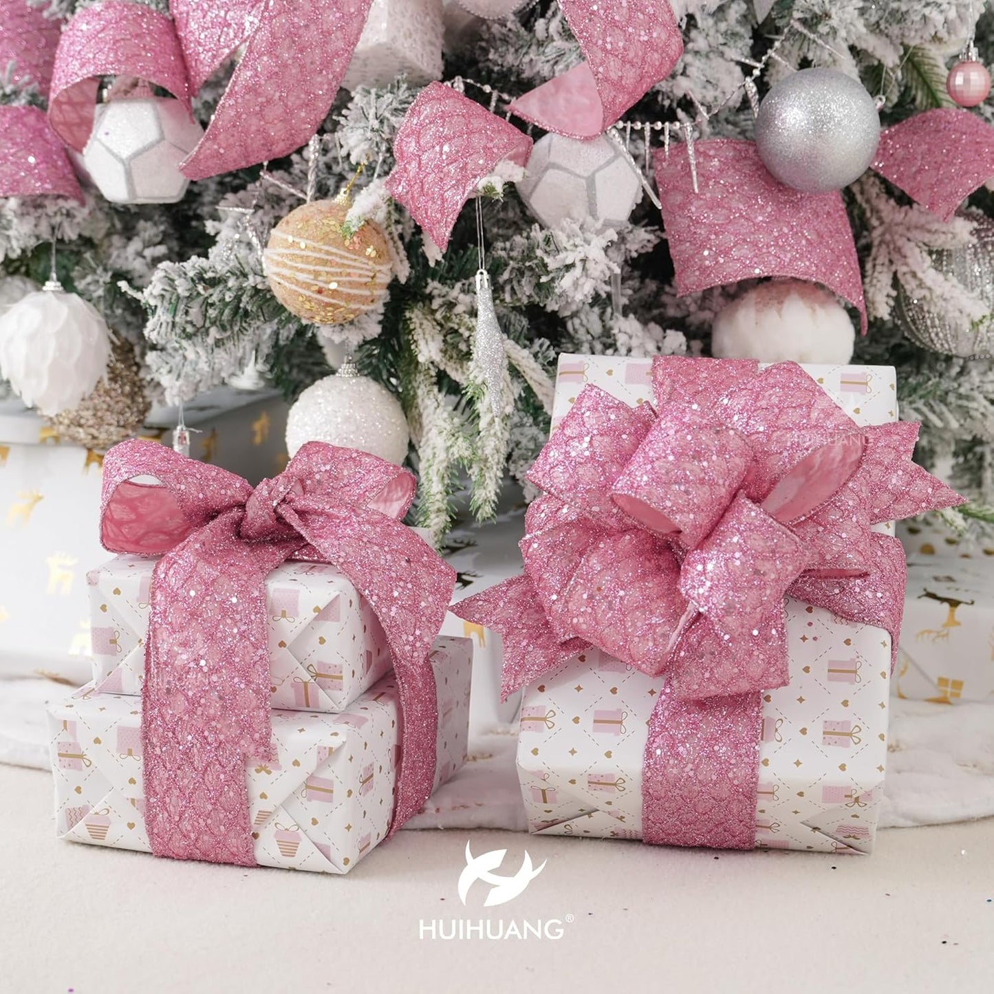 HUIHUANG Pink Glitter Wired Ribbon for Christmas Tree 2.5 inch Light Pink Diamond Mesh Wire Ribbon for Tree Decoration, Wreaths, Garland, Gift Wrapping, Bows Making, Home Decor -10 Yards