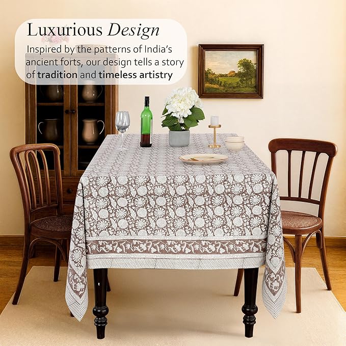 CPC Rustic Brown Tablecloth 100% Cotton 80x120 Inch Indian Block Print Rectangle Table Cover, Table Cloth for Gifting in Weddings, Halloween, Fall, Christmas, Thanksgiving
