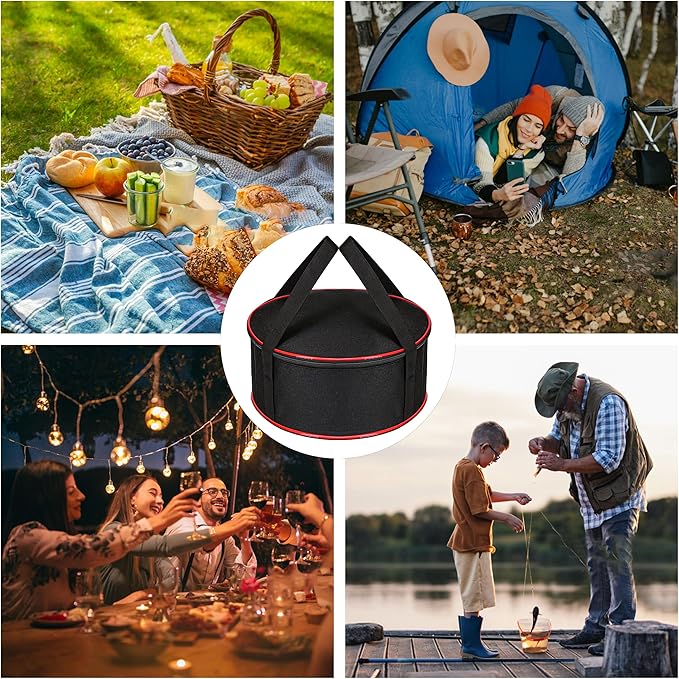 Camping Tableware Organizer Outdoor Hiking Plate Dishes Bowl Pot Storage Bag, Large Round Crockery Protectors Travel Dinnerware Chest, Camp Dish Bags with Zipper for Cupboard