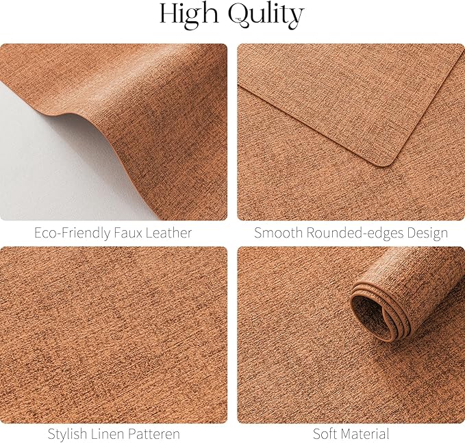 MOSAYT Faux Leather Placemats Set of 6, Heat Resistant Wipeable Washable Vinyl Place Mats with Coasters, Waterproof Oil Proof Table Mats for Kitchen Dining Party Indoor Outdoor, 12" x 17", Orange