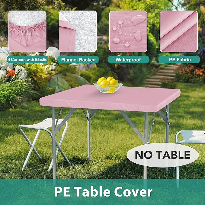 LUSHVIDA 2 Packs Vinyl Card Tablecloth with Flannel Backing 36x36 inch - Waterproof Plastic Picnic Table Cover for Square Folding Table Cloth with Elastic Corners, Pink