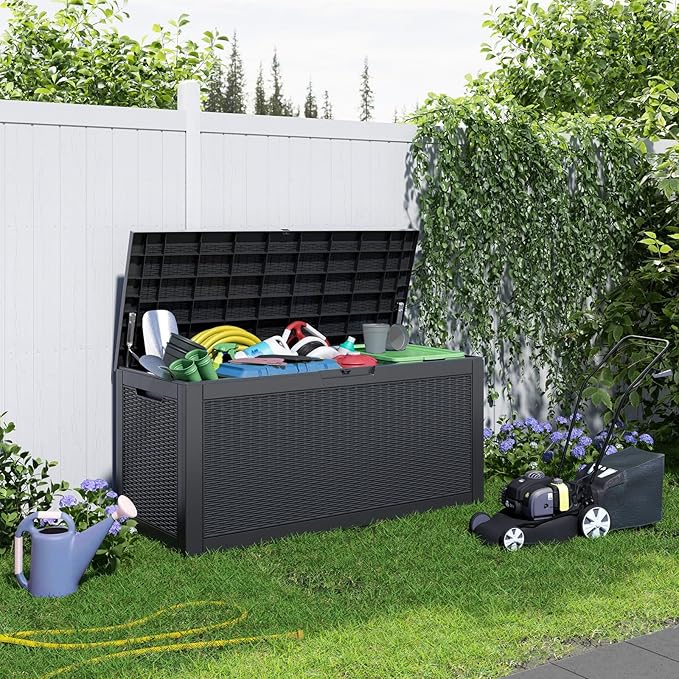 DRATO 100 Gallon Large Deck Box, Outdoor Storage Box for Patio Furniture, Patio Cushions, Gardening Tools, Pool Supplies,660lbs Weight Capacity,Waterproof Resin Storage Boxes（Black，100 Gallon）
