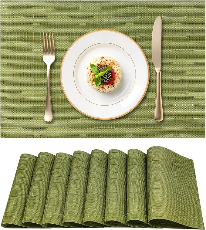 Woven Vinyl Placemats Set of 8 Wipe Clean PVC Heat Resistant Place Mats Durable Waterproof Stain Resistant Indoor Outdoor Table Mats (Teal)