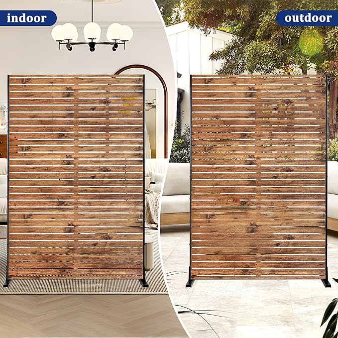 Metal Privacy Screen Outdoor 72" H×47" W Natural Wood Brown Patio Privacy Screen, Freestanding Decorative Privacy Screen for Deck Balcony Patio