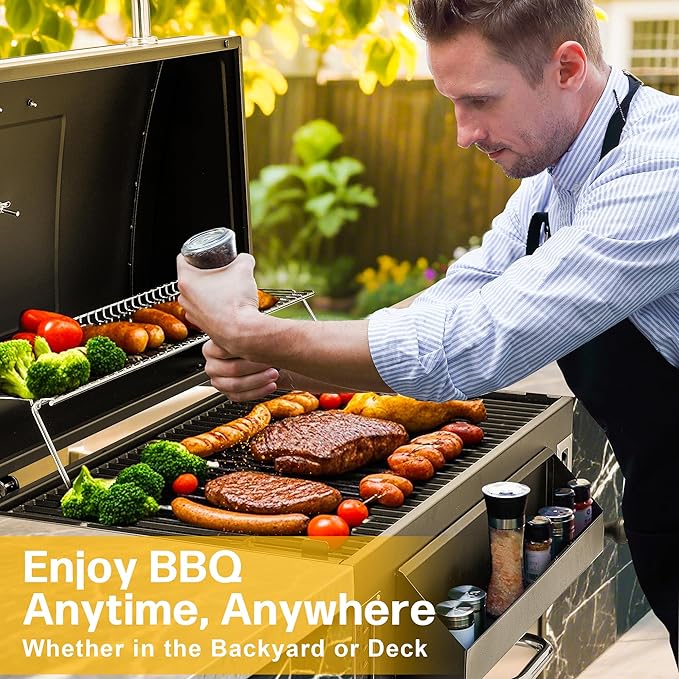 29 In Built-in Barbecue Grill, Charcoal bbq Grills with Liftable Tray, Insulated Hood & Temperature Gauge, Stainless Steel BBQ Barrel for Outdoor Kitchen, Camping, and Park – Black