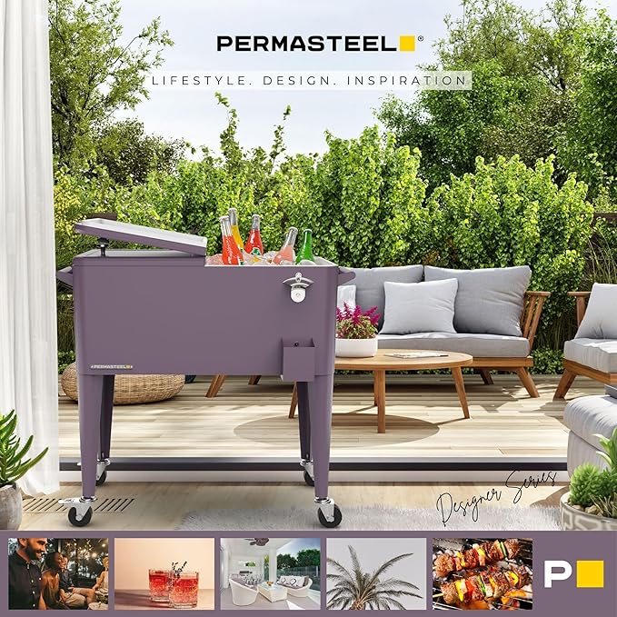 Permasteel 80 Quart Party Cooler, Rolling Ice Chest with Wheels and Handles for Indoor Outdoor Patio