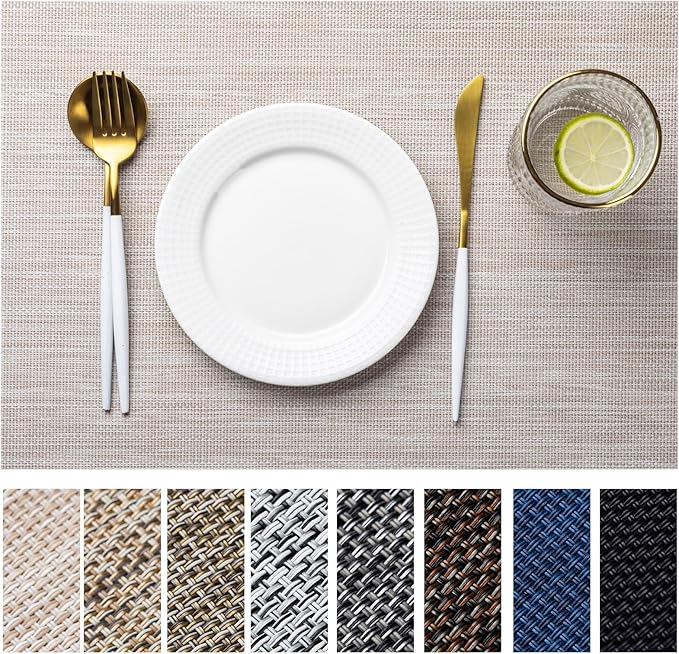 LEXMORE Placemats Set of 6 Vinyl/Plastic Woven Place Mats for Kitchen Table Indoor/Outdoor Washable Placemat Wipeable Dining Table Mats(Beige)