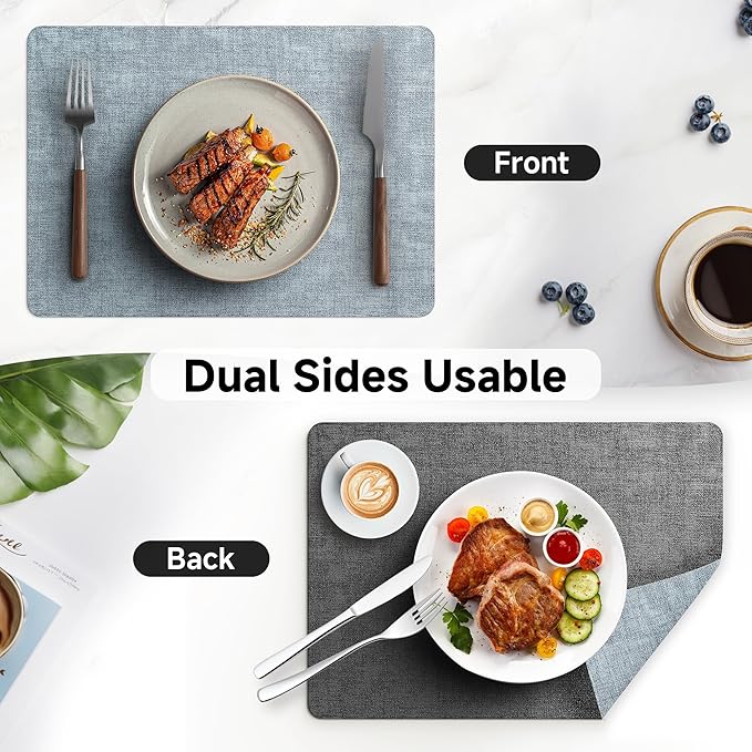 Faux Leather Vinyl Placemats Set of 4 Wipeable Heat Resistant Place Mats 100% Washable - Waterproof - Anti Slip Reversible Table Mats for Kitchen/Dining/Party/Outdoor, 12" x 16.5", Light Blue & Black