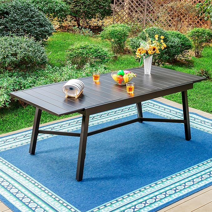 PHI VILLA Expandable Patio Dining Table Metal Outdoor Table for 6-8 Person Lawn Garden Bistro Rectangular Table, with Adjustable Legs, Black